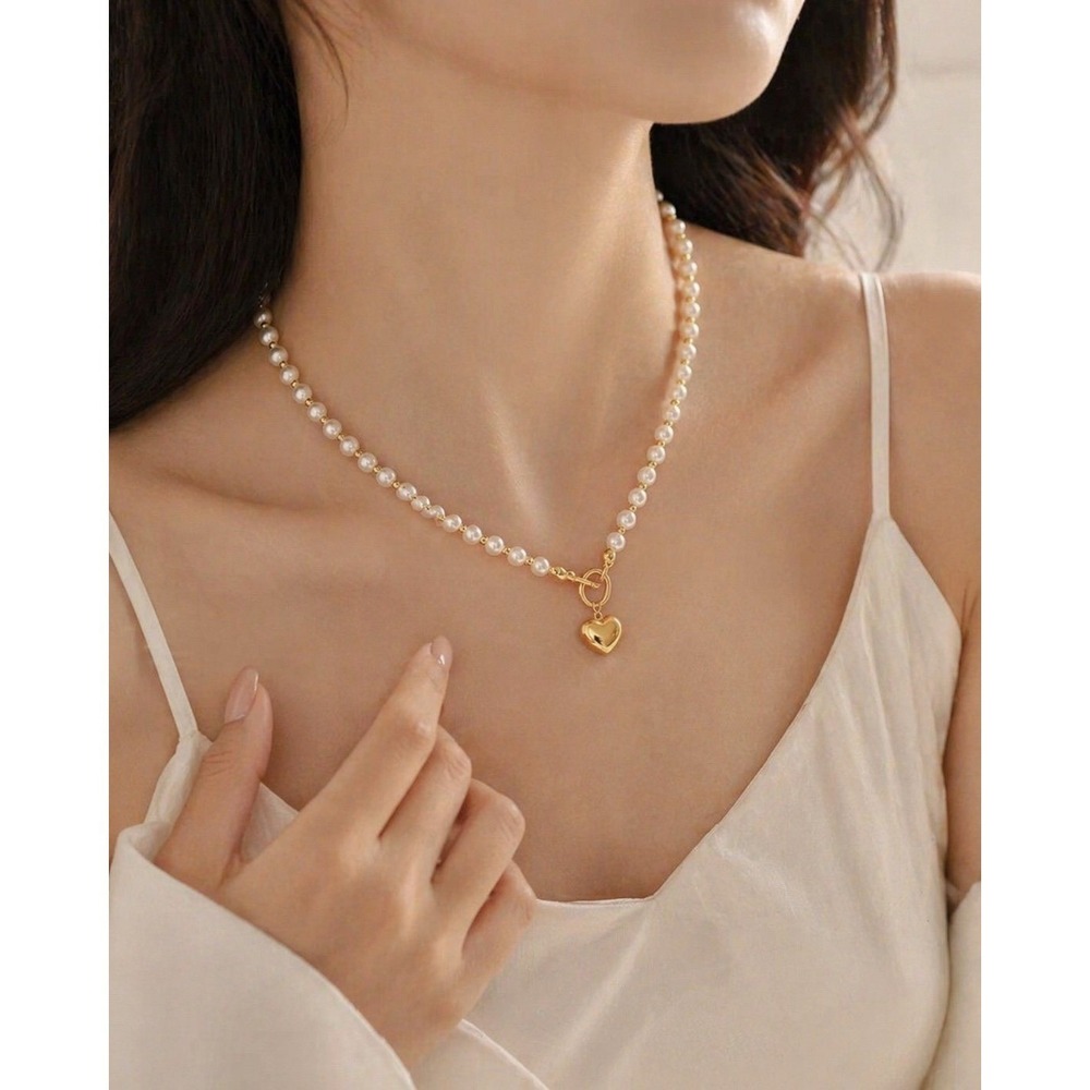 Gold Heart Charm Pearl Necklace‎ Toggle Clasp Stainless Steel Chic